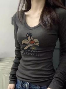 Gray V-Neck Long Sleeve T-Shirt Womens Early Autumn 2025 New Fashion Slim Fit European Style Unique High-End Base Shirt Top
