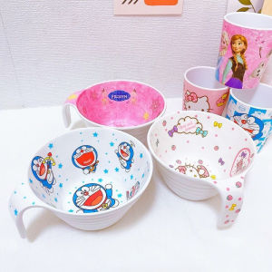 Anti-Scalding Durable Cartoon Childrens Bowl Spoon Dining Set with Handle Baby Faux Porcelain Large Bowl for Kids Eating Noodles