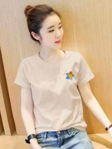 First-Line Brand Brand Counter Withdraw Western Style Apricot Shoulder Pure Cotton Short Sleeve T-Shirt Female Minimalist Style Versatile Slimming Top