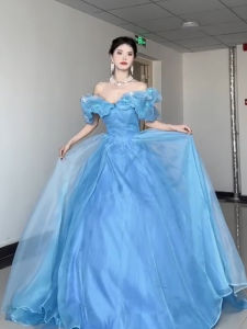 Blue One-Shoulder Evening Gown Princess Style High Waist Long Skirt for Women Student Art Exam Performance Host Escape Princess Skirt