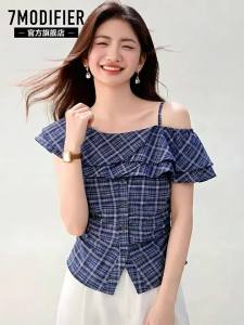 7.Modifier | Áo Sơ Mi Ôm Body Carô Dáng Thời Trang Quai Ngang Voan Xếp Ly