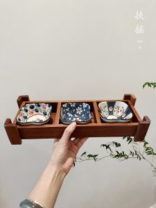Retro Japanese Style Ceramic Tea Tray Samphire Wood Three Grids Four Palace Grids Dim Sum Plate Tea Snack Plate Home Use Snacks Fruit Tea Tray