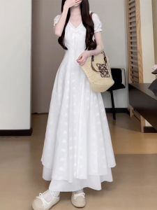 BeautyMark | White Lace Bubble Sleeve Dress Womens Summer New Unique Beautiful Waist-Cut High Waist Long A-Line Skirt V-Neck Short Sleeve