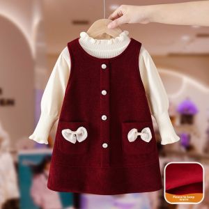 Princess Style Fleece Lined Girls Dress Set New Year Celebration Clothes Baby One Year Old Ceremony Dress Winter Children Outfit