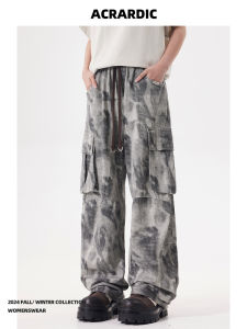 ACRARDIC Mens Camouflage Work Pants Multiple Pockets Dyed Loose Casual Trousers Street Style Hip Hop Loose Fit Trousers