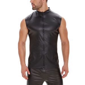 Plus Size Mens Shiny Leather Tank Top Soft Matte Leather T-Shirts Sleeveless Male High Elastic Full Zipper Shaping Vest【Sekexi-00247】