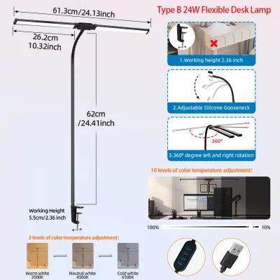 CANMEIJIA LED Table Lamp Dimmable Brightness Double Headed Desk lamp USB Plug 3 Color Modes Desktop Reading Light Foldable Long Arm Computer Monitor Lights with Clip for Office Working Study Eye Protection Lighting Fixture