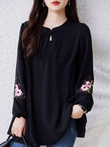 New Chinese Style Womens Chiffon Shirt Spring Autumn Large Size Retro Button Embroidery Fashionable National Style Top T-Shirt