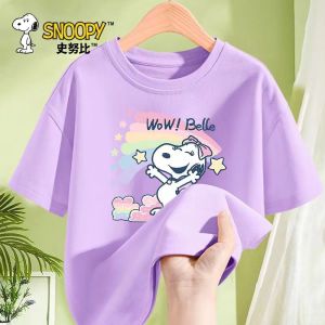 Snoopy Girls Short Sleeve T-Shirt Pure Cotton Lightweight Half Sleeve Summer Clothes for Children Sport Style round Neck Cartoon Pattern