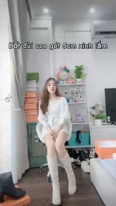 Giày bốt đùi cổ V gót vuông 5cm bốt nữ qua đầu gối 2 màu kem đen cực xinh