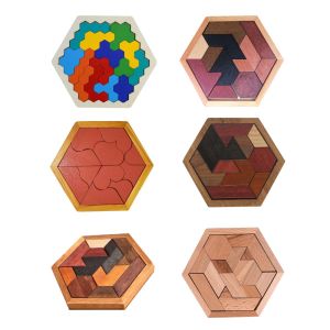 JIYAN2866 Wooden Tangram Intelligence Toy Montessori Parent-child Time IQ Games Puzzle Birthday Gifts Safe Hexagon Tangram Puzzles Kids Adults