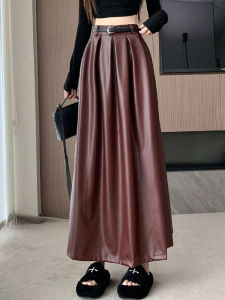 กระโปรงทรงเอเอวสูงผ้า PU สีแดงหรูหรา กระโปรงทรงเอยาวปานกลางสำหรับผู้หญิงในฤดูใบไม้ร่วง กระโปรงทรงเอทรงเอ