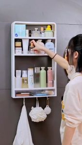 ชั้นนวางของห้องน้ำติดผนัง ชั้นอเนกประสงค์ ชั้นติดผนังไม่ต้องเจาะรูกำแพง ชั้นวางเครื่องสำอางติดผนังได้