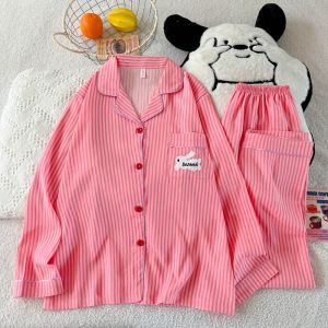 Embroidery Letter Pajamas Set Striped Rabbit Print Autumn Long Sleepwear Home Suit 2025 Lapel Neck New 2 Pcs Womens Pajamas