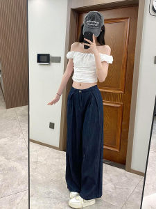 Quần Jeans Ống Rộng Ôm Dáng Màu Xanh Đậm Cạp Cao Cho Nữ Mùa Hè Quần Dài Thẳng Ôm Dáng Quần Jeans Denim Cạp Cao