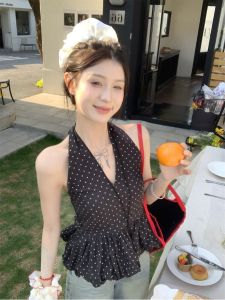 Áo Ba Lỗ Cổ Treo in Hoa Đen Ngọt Ngào Cho Nữ Áo Ba Lỗ Hở Lưng Bó Sát Mùa Hè 2025 Áo Ba Lỗ Ngắn Chất Liệu Khác