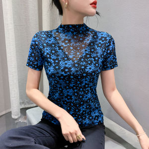 Yimei thời trang nửa cổ cao lưới áo in 2023 dáng ôm mới thanh lịch và xinh đẹp của phụ nữ t-shirt