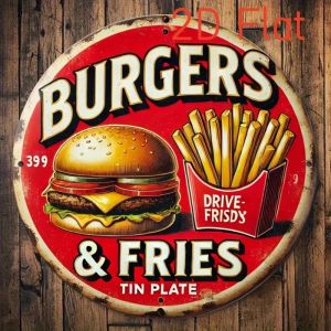 CIFbuy | 2D Flat Hamburger Wall Art Retro Wooden Round Sign for Kitchen & Cafe 8x8 inch