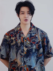 Dragon Print Ice Silk Short Sleeve Shirt Mens Womens Loose Retro Hong Kong Style Couples Summer Trendy Top Henterlad Commute Style