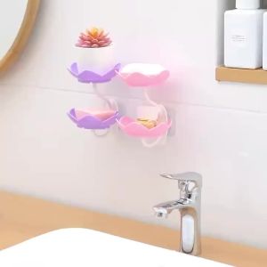 AU. Double Layer Lotus Shaped Flowers Shape Soap Dish Soap Box Punch-free Wall Mounted