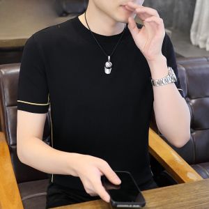 HENGYUANXIANG | Hengyuanxiang Ice Silk Mens T-Shirt Short Sleeve Round Neck Knitted Summer High End Solid Color Cool Feeling Lightweight Top
