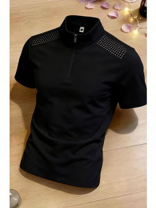 Black Half Zip Quick-Dry Thin Breathable Ice Silk Mesh Mens T-Shirt