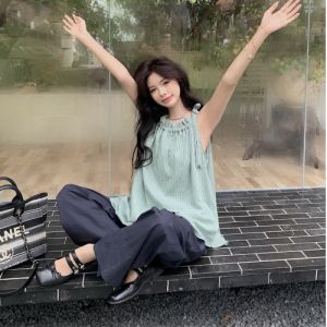 GUZILIAN | French Vintage Strap Vest Women Summer Loose Sleeveless Doll Shirt Top Outerwear High Waist Slim Wide Leg Pants