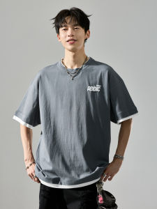 SZON | Color Block Two-layer Style Men Cotton T-shirt Short Sleeve