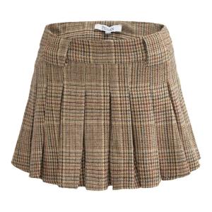 Autumn Winter Woolen Plaid Mini Skirt High Waist Vintage American Style Versatile Brown Gingham Pleated Skirt