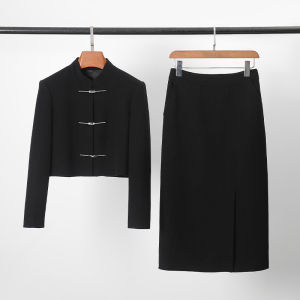 Ysjx ชุดเดรสยาวคลุมเข่าแขนยาวสีดำสไตล์จีนใหม่สำหรับผู้หญิง ชุดฤดูใบไม้ผลิและฤดูใบไม้ร่วงแบบสองชิ้น