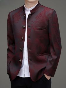 New Chinese Style Mens Casual Cheongsam Jacket Set Dad Coat National Style Western Suit Outerwear Autumn Season Polyester Blend