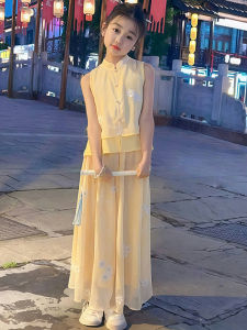 New 2025 Chinese Style Girls Summer Outfit Traditional Hanfu Two-Piece Set Fashionable Childrens Tang Costume Ethnic Clothing