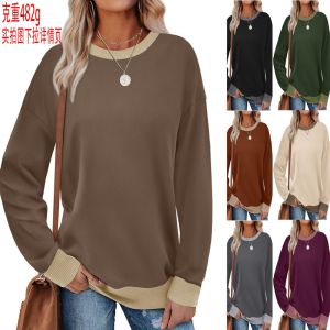 Autumn Womens Crewneck Long Sleeve Sweatshirts Loose Fit Tops Comfortable round Neck Pullover Solid Color Commute Style
