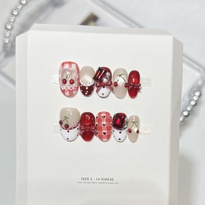 10pcs Short Oval French False Nails Ins Style Press on Nails with Cherry Bows Rhinestone for Party Wedding Nail Art