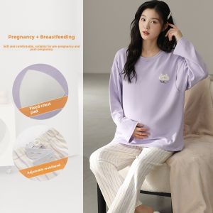 Miiow | Pure Cotton Maternity Nightgown Spring Autumn Thin Model Breastfeeding Feeding Clothes Long Sleeve Round Neck Print Pajamas