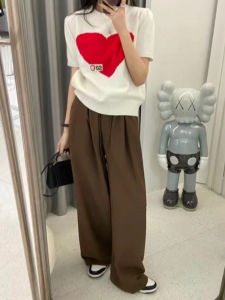 เสื้อสเวตเตอร์ถักคอตั้งทรงหลวมแขนสั้นฤดูใบไม้ร่วงแฟชั่นสำหรับผู้หญิง เสื้อเชิ้ตชั้นในลายหัวใจสีบล็อก คอกลม ลำลอง เสื้อคลุมกันหนาว