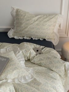 Pure Cotton Gingham Floral Edged Bedding Set 1.8m Girls Heart Four-Piece Suite Quilt Cover Sheet Bed Canopy Bedding Accessories