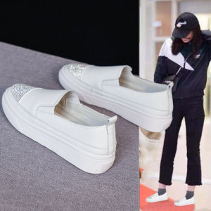 Leather Flat Bottom Casual Shoes Womens Flats Thick Bottom Diamond Embellished Plain Color round Toe Rubber Outsole Shoes