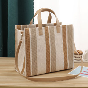 Fashionable Ladies Canvas Tote Bag Simple Striped Commuter Handbag Large Capacity Single Shoulder Bag for Outdoor Use