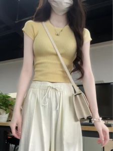 Yellow Slim Fit Knitted Ice Silk Short Sleeve T-Shirt Shoulder Width Regular Summer Thin round Neck Casual Korean Style Top