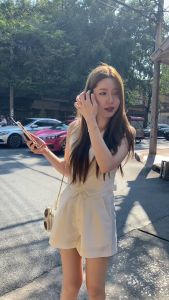 ขาว/น้ำตาล/เทา SLYQ WHISKY BELTED VEST & SHORTS SET เซ็ตเสื้อกั๊กกระดูมกางเกงขาสั้น