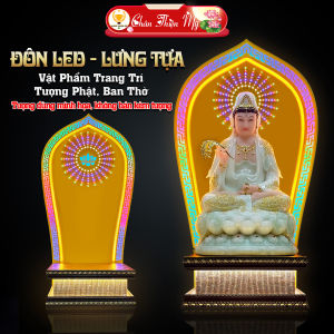 Đôn Gỗ Lưng Tựa Trang Trí Tượng Phật Có LED Cao Cấp CHÂN THIỆN MỸ Vật Phẩm Trang Trí Bàn Thờ