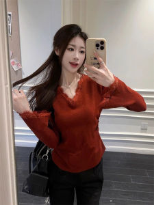 Womens Lace Splice V-neck Knitwear Slim Fit Long Sleeve Bell Sleeve Casual Style Inner Wear Top Fashion Autumn New Arrivals