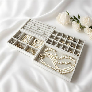 Stackable Grey Velvet Jewelry Organizer Tray Removable DividersDrawer Inserts Display Case for Womens Earrings Rings Necklaces
