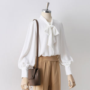 Áo Sơ Mi Voan Trắng Tay Đèn Lồng Mùa Xuân Thu Cho Nữ Có Nơ Dáng Rộng Dài Thường Ngày Chất Liệu Khác Dài Tay Màu Trơn