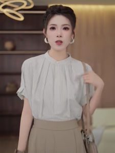 XUSHAN | Womens Striped Standing Collar Short Sleeve Shirt