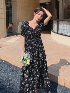 French Elegant Black Floral Print Maxi Dress Womens Summer High Waist Slimming Goddess Style A-Line Dress Short Sleeve V-Neck