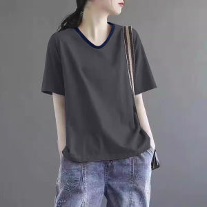 Summer 2025 Womens Cotton V-Neck Short Sleeve T-Shirt plus Size Color Block Slimming Versatile Casual Korean Style Top