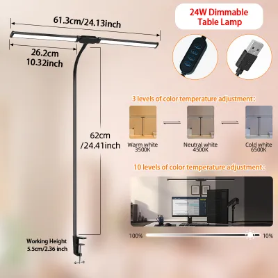 CANMEIJIA LED Table Lamp Stepless Dimmable Double Head Desktop Reading Light Computer Monitor Light Clip USB Plug 3 Color Foldable Led Desk Lamps for Office Working Gaming Students Study Eyes Protection Lighting Fixture