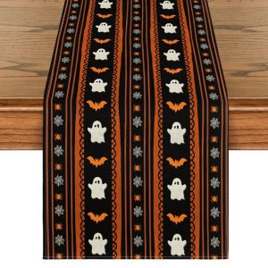VIKAMA Halloween Table Runner Striped Ghost Bat Spider Web for Dining Table Home Halloween Party Decor